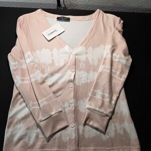 Style Vine Daisy Tie Dye Cardigan Tan/Pink White Button Front V-Neck‎ Small NEW
